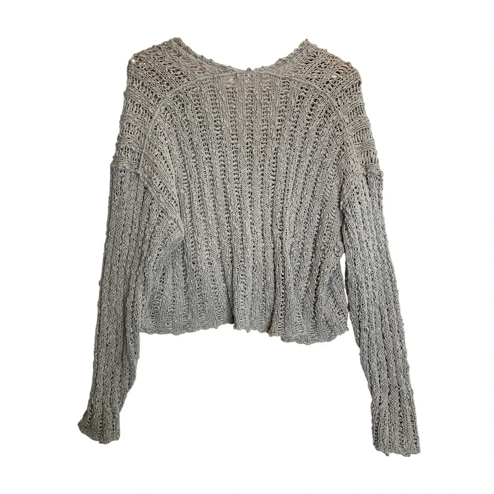 Free‎ People Beach Comber Sweater Chunky Crochet Knit V-Neck Boho Coastal Grey S